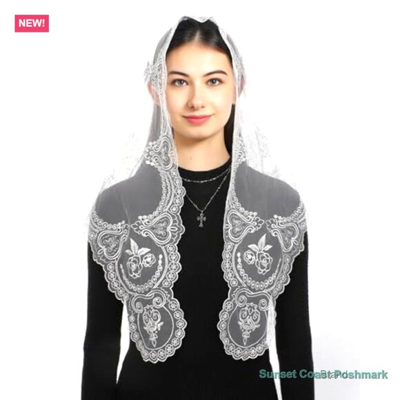 Polyester Lace Mantilla Veil with Cross Rose Embroidery for Church main image 4